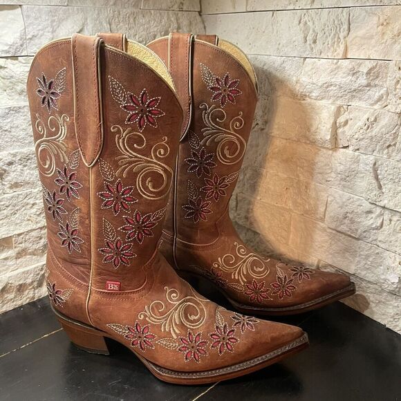 Womens Big Bull Brown Leather Floral Embroidered Cowboy Boot Made In Mex 24 US 7 - Picture 2 of 16